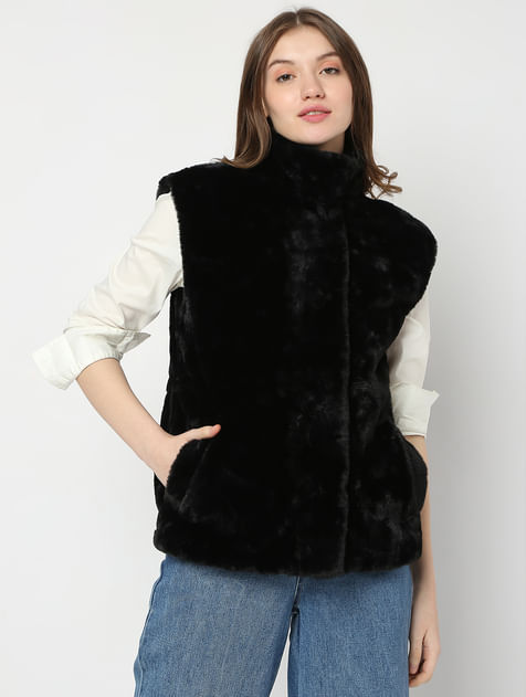 Black Faux Fur Waistcoat