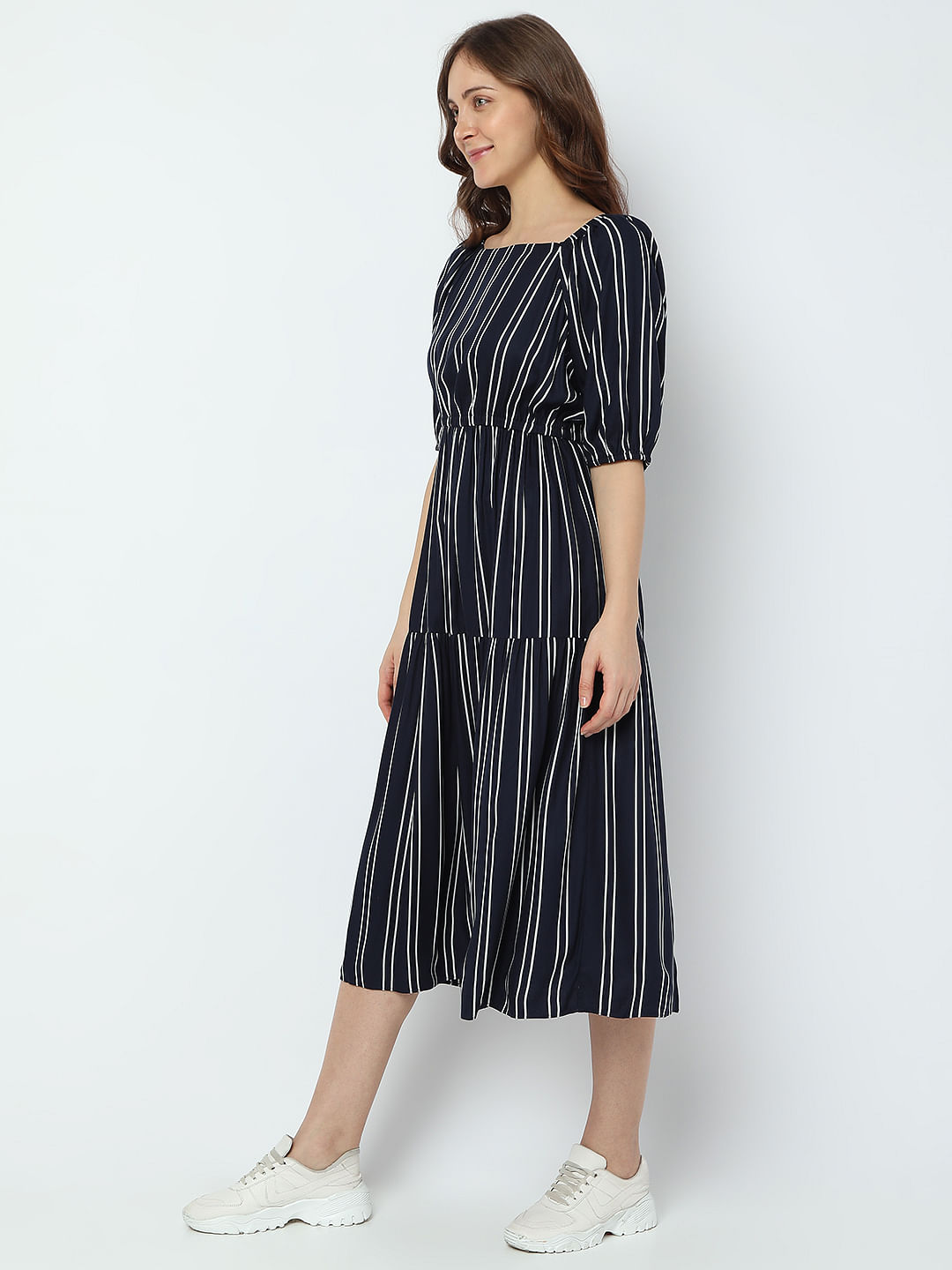 Navy Striped Short Sleeve Midi Shirt Dress – AX Paris