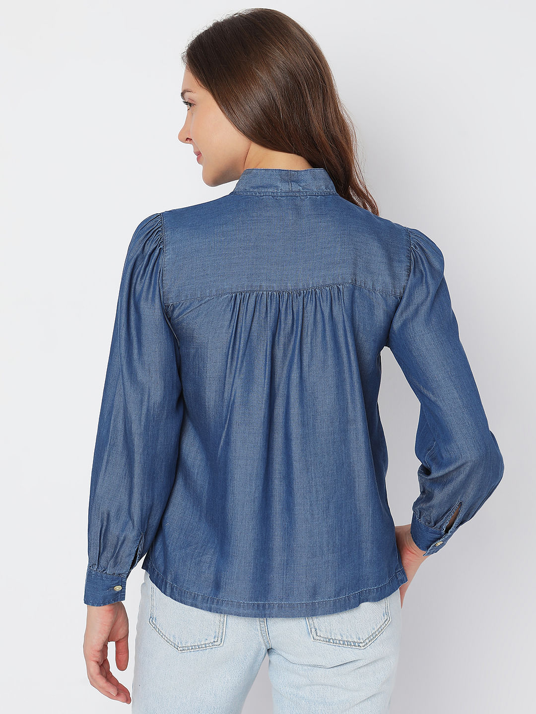 Buy Lady Bird Women Half Sleeve Solid Denim Shirt Top, Light Blue, X-Large  Size at Amazon.in