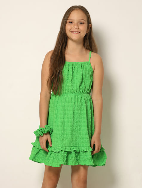 Green Crinkle Weave Fit & Flare Dress