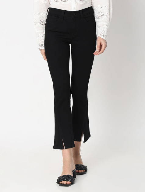 Black Mid Rise Cropped Petra Bootcut Jeans
