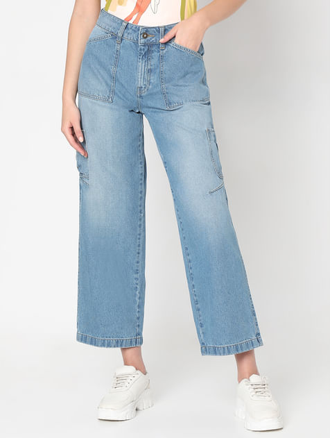 Blue Jade Straight Fit Cargo Jeans