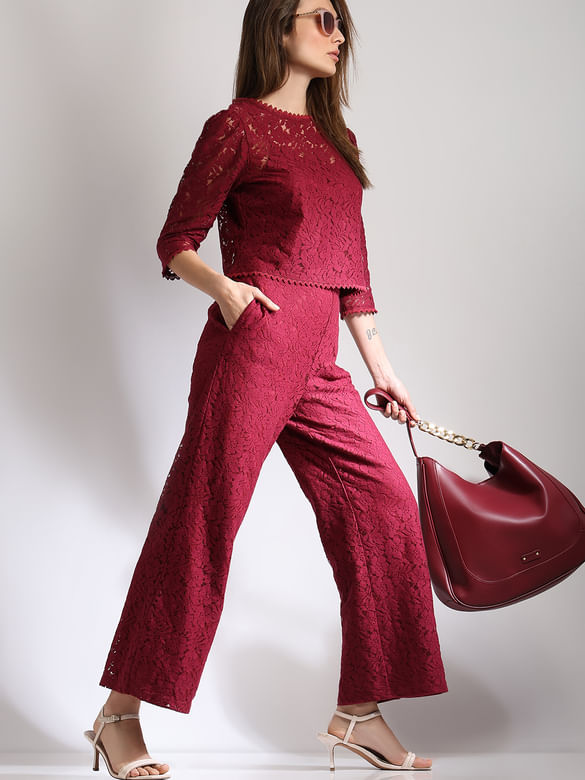 Maroon High Rise Lace Co-ord Set Pants