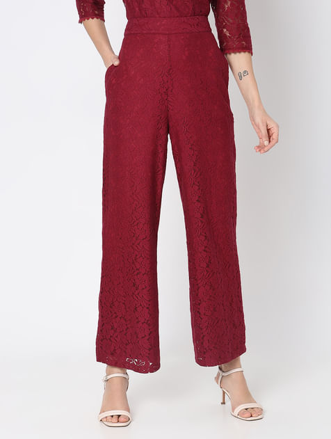 Maroon High Rise Lace Co-ord Set Pants