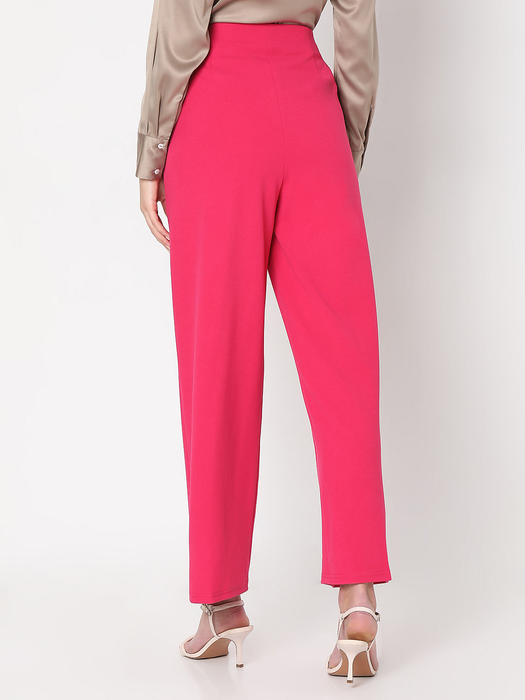 Women Solid Pink High-Rise Waist Slip-On Flared Regular Trousers - Berrylush