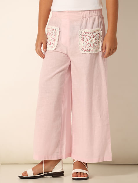 Pink Crochet Pocket Wide Leg Pants