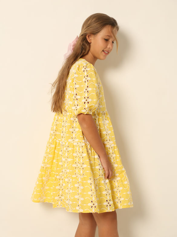 Yellow Schiffli Detail Fit & Flare Dress