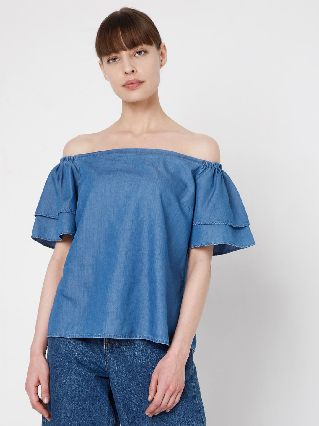 Blue Off Shoulder Shirred Top – DiRa Couture
