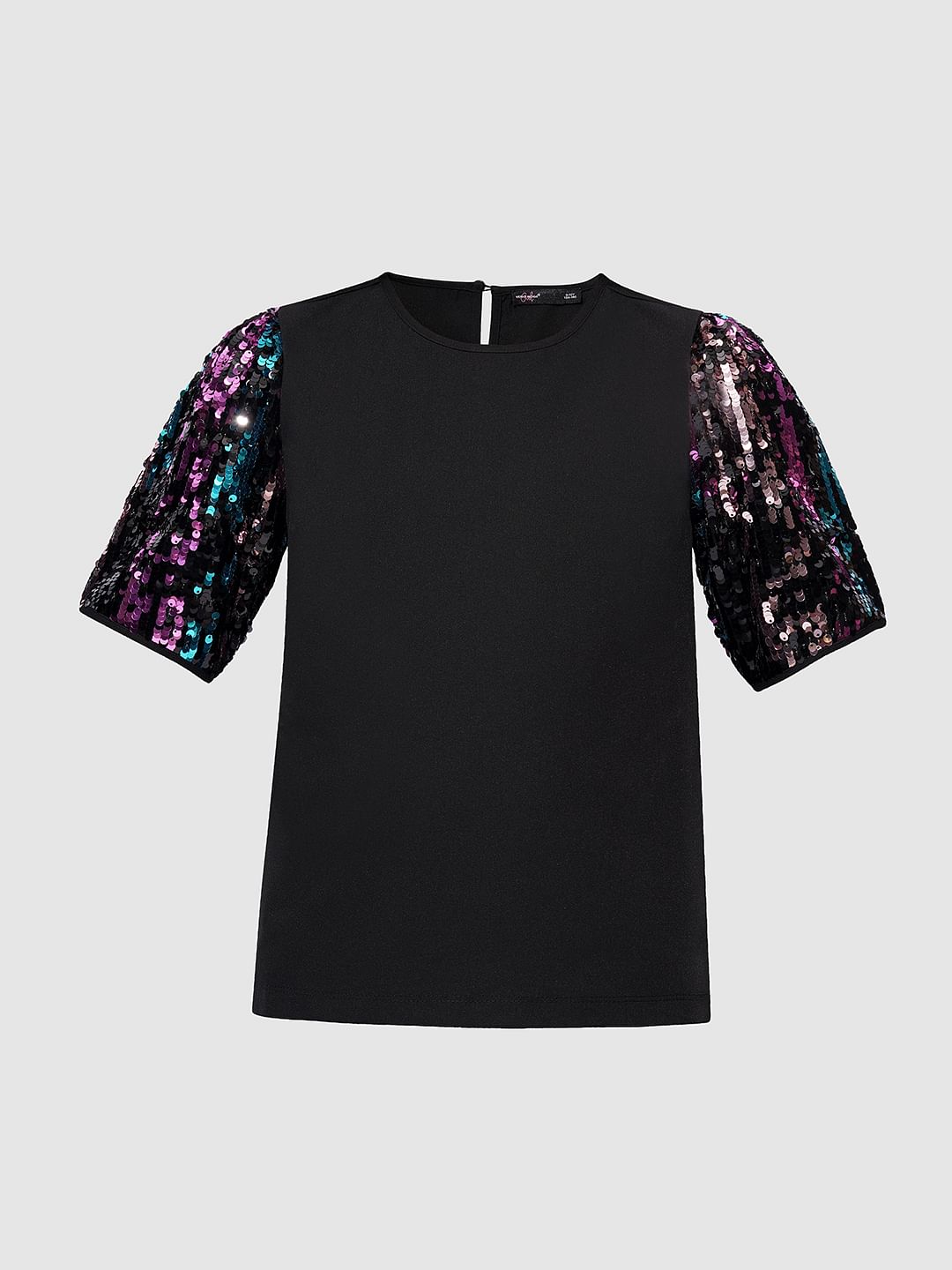 Girls Black Sequin Sleeves Detail Top