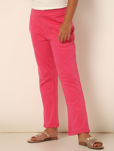 Girls Pink Mid Rise Straight Fit Pants