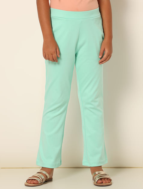 Girls Mint Green Mid Rise Straight Fit Pants