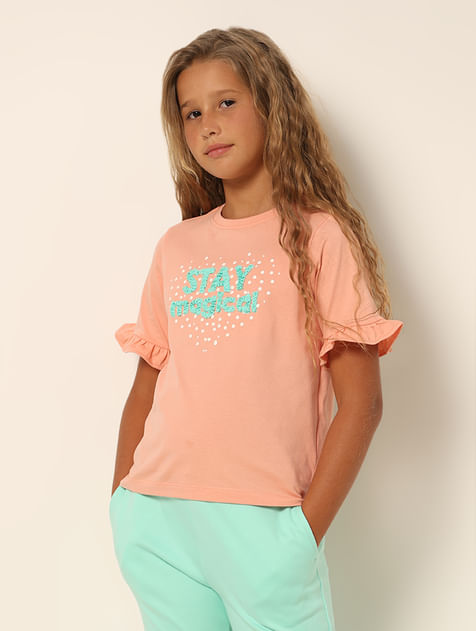Girls Coral Typographic Print T-Shirt