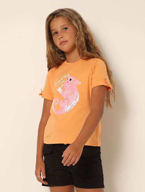Girls Orange Sequin Graphic T-shirt