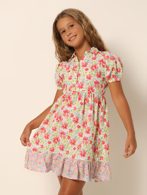 Girls White Floral Fit & Flare Dress