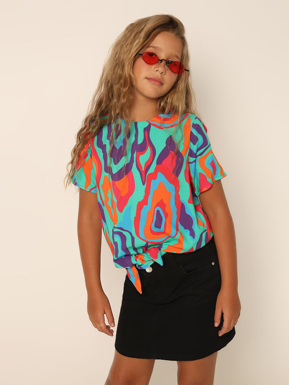 Girls Green Printed Front Tie-up Top