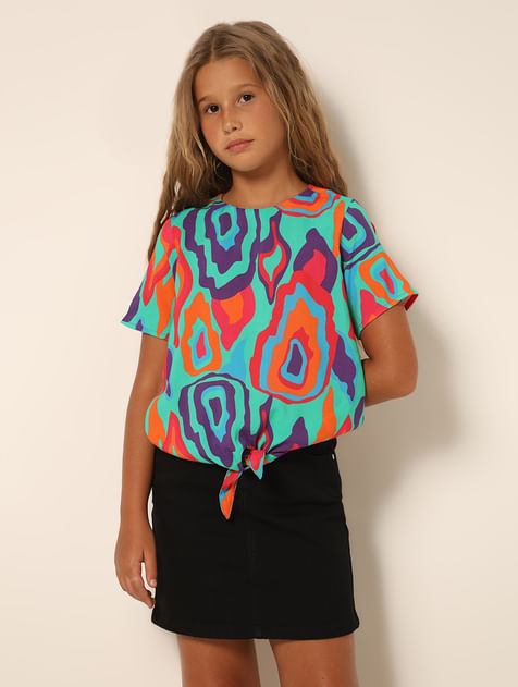 Girls Green Printed Front Tie-up Top