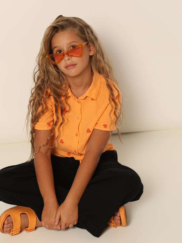 Girls Orange Embroidered Shirt