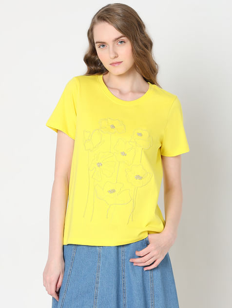 Yellow Cotton Printed T-shirt