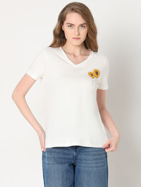 White Sunflower Printed T-shirt