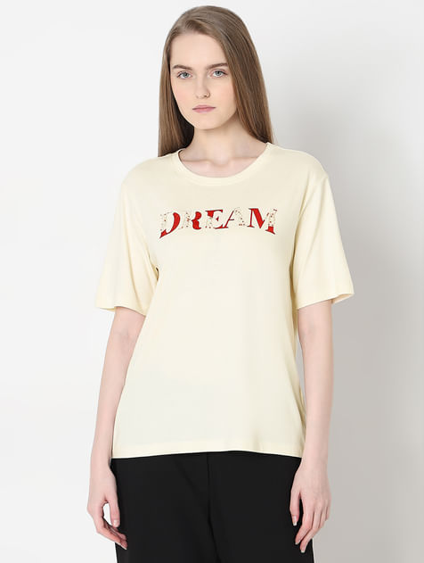Cream Embellished Text T-shirt