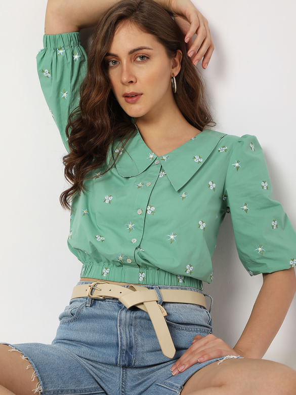 Green Cropped Floral Top