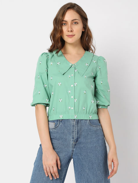 Green Cropped Floral Top