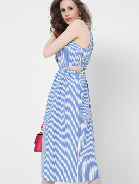 White & Blue Striped Midi Dress