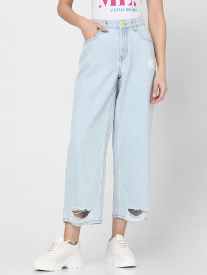 Light Blue Mid Rise Distressed Wide Leg Jeans