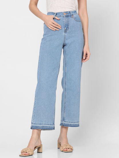 Blue Mid Rise Washed Wide Leg Jeans