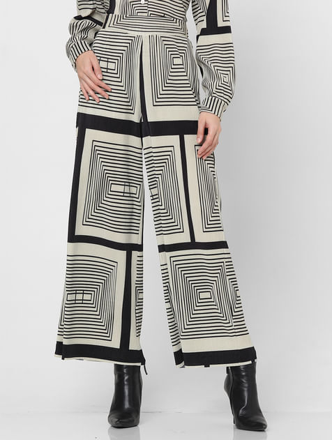 Monochrome High Rise Pleated Printed Pants