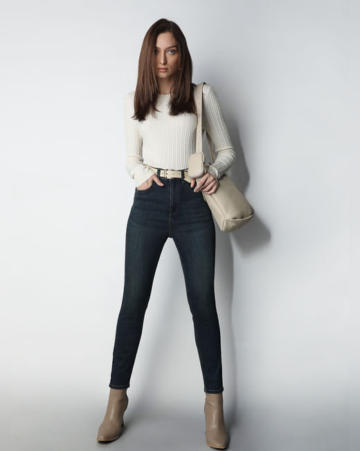 Dark Blue High Rise Light Washed Jeans