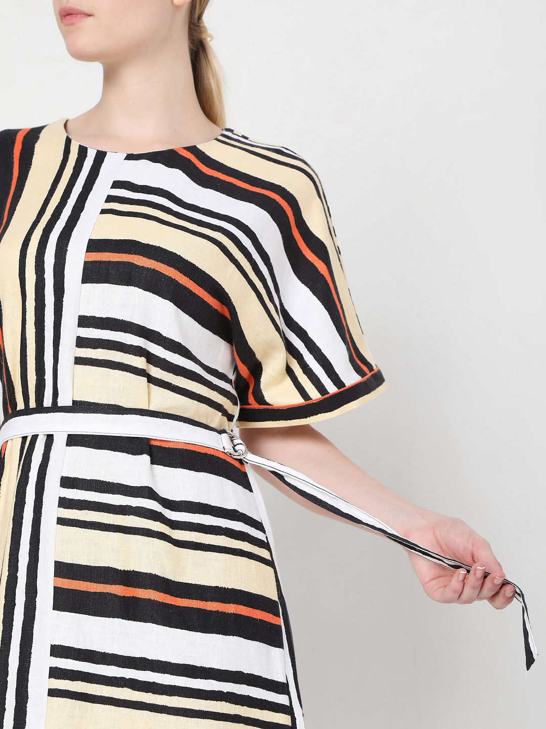 Black and white striped fit and flare outlet dress