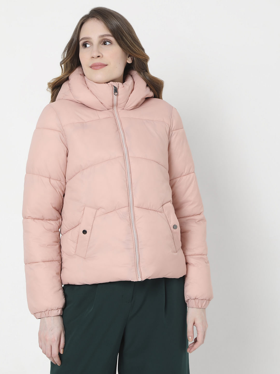 pink and black puffer jacket