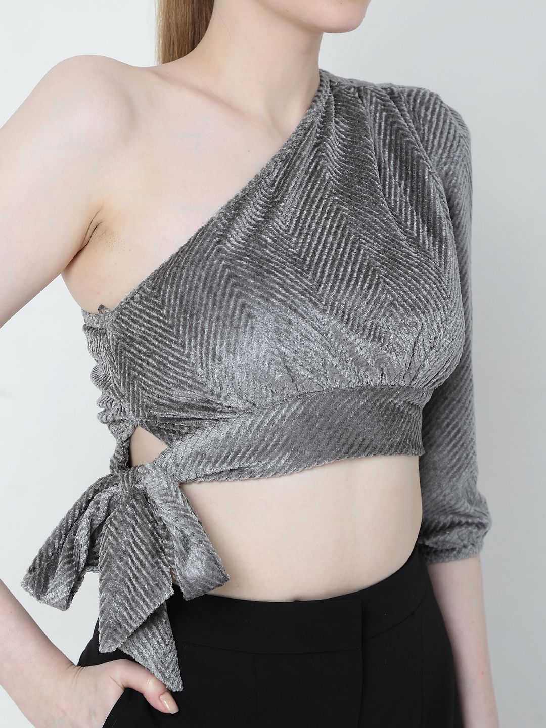 Grey one shoulder online crop top