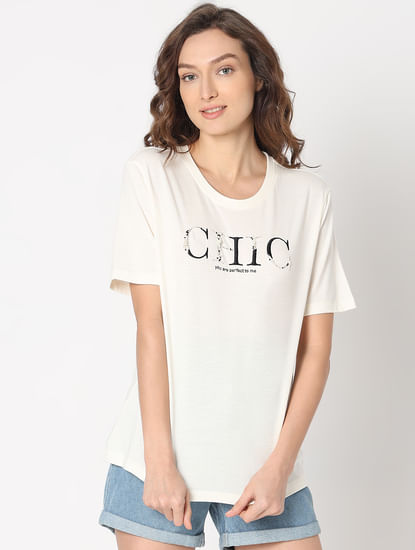 White CHIC Text Print T-shirt