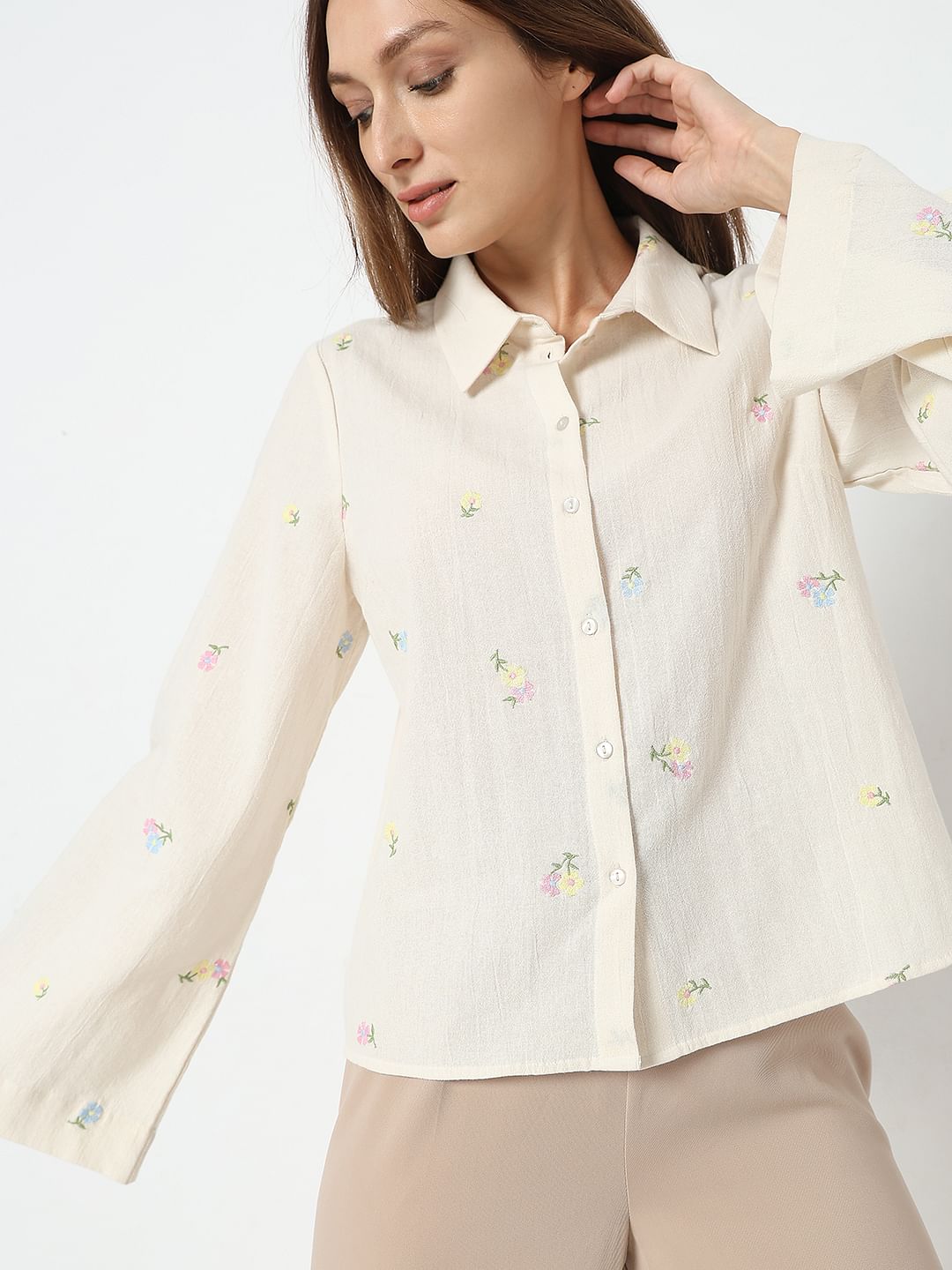 Off White Embroidered Cotton Shirt