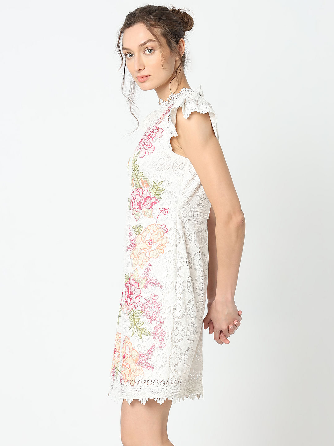 Odette Women Off White Self Design Crochet Stitched Dress