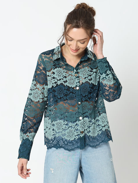 Teal Lace Full Sleeves Shirt