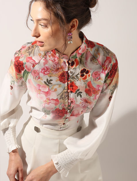 Cream and muticolour printed Hakoba boatneck blouse with cut out detai