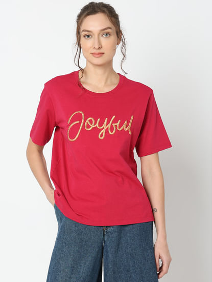 Red Embroidered Print T-shirt