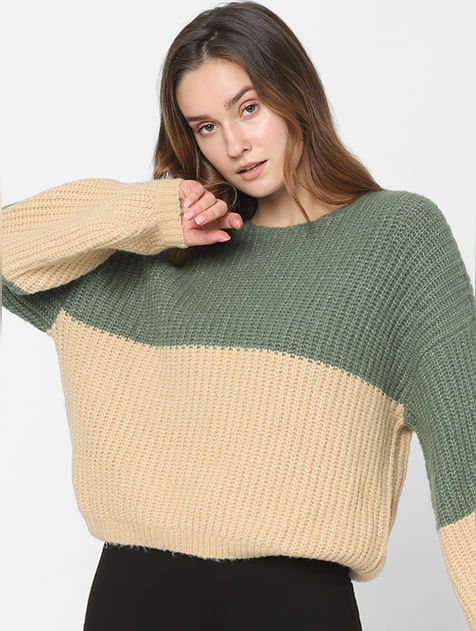 Green Colourblocked Knit Pullover