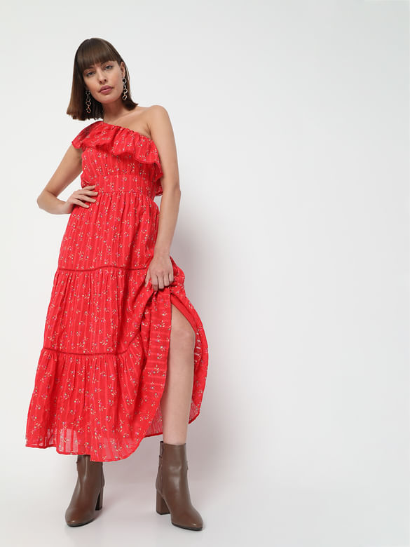 Red One-Shoulder Midi Dress