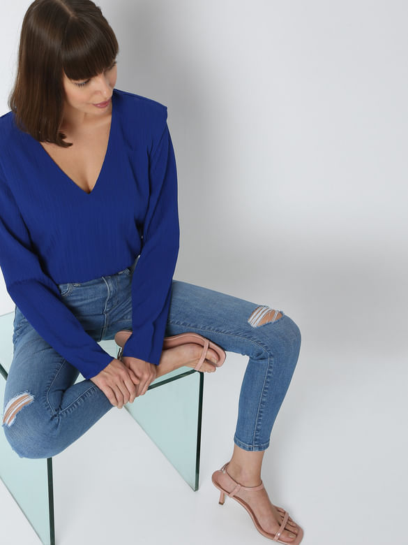 Blue Mid Rise Knee Ripped Wendy Skinny Jeans