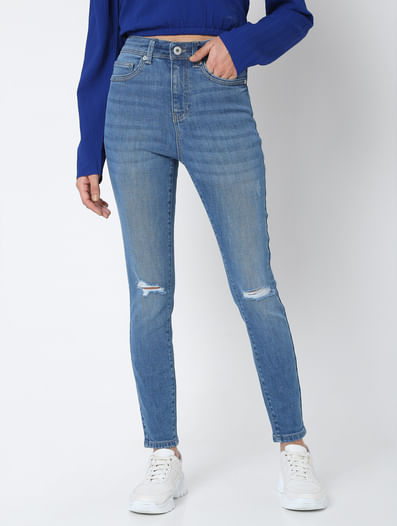 Blue Mid Rise Knee Ripped Skinny Jeans
