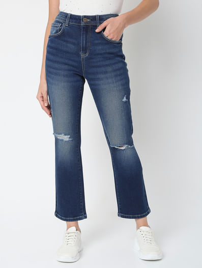 Blue Mid Rise Distressed Straight Jeans