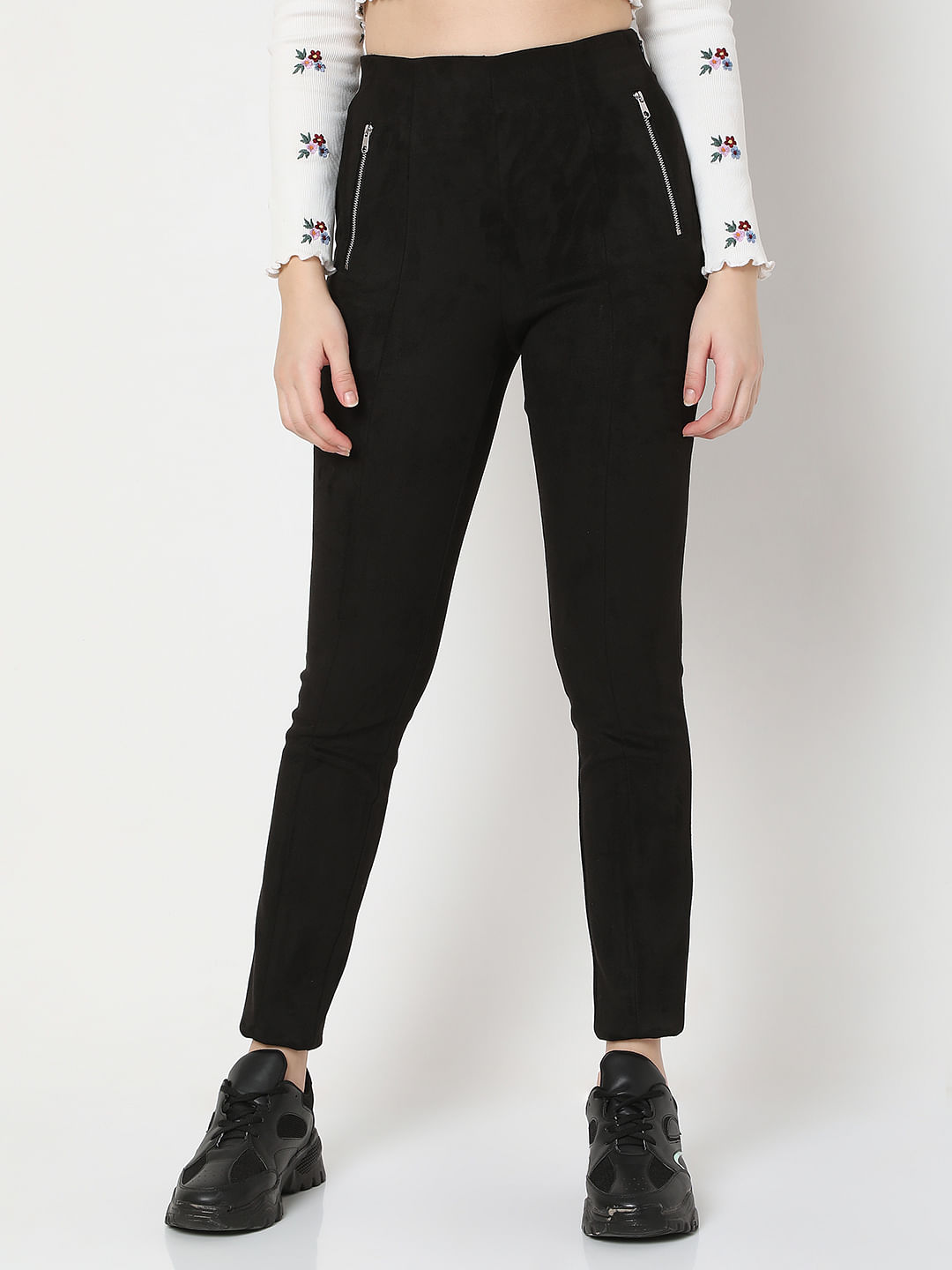 Buy AND GIRL Black Solid Rayon Skinny Fit Girls Trousers | Shoppers Stop