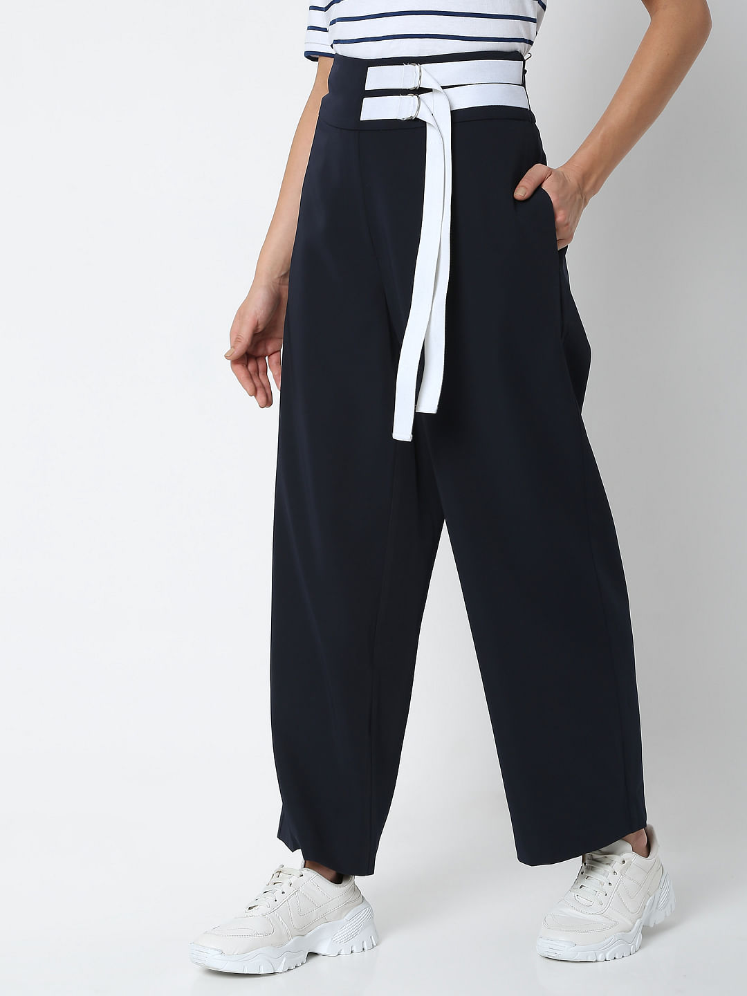 Navy Petite Wide Leg Stretch Trousers  Roman UK