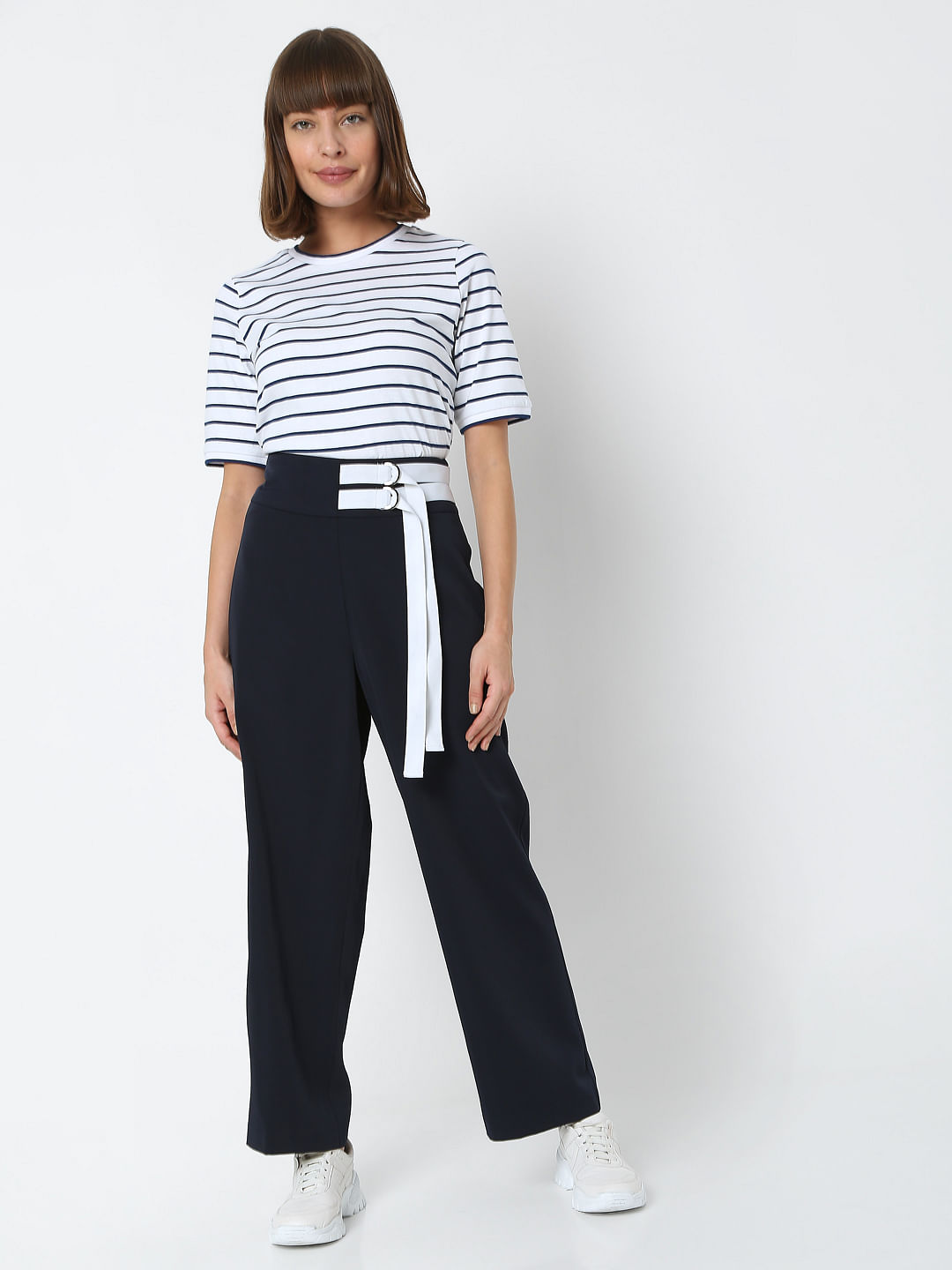 SHOWOFF Women Navy Blue Striped Loose Fit Parallel Trouser