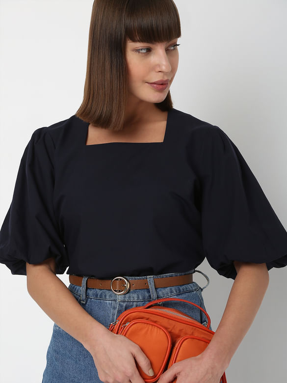 Navy Blue Square Neck Top