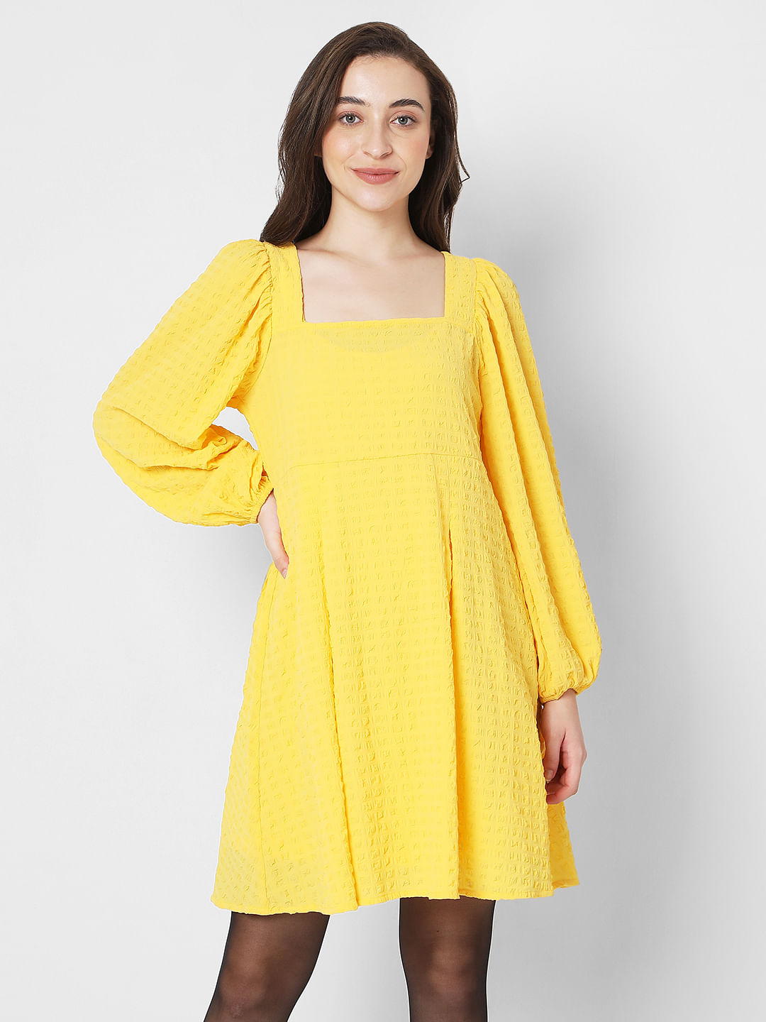 mustard yellow fit and flare dress